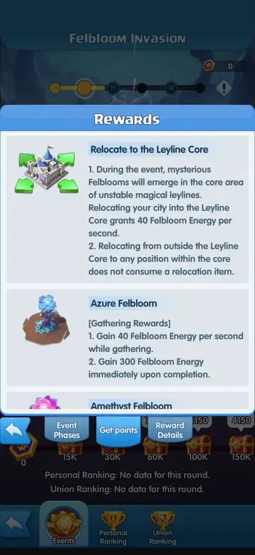 Leyline Core (40/sec, free relocation) and Azure Felbloom (40/sec, +300).
